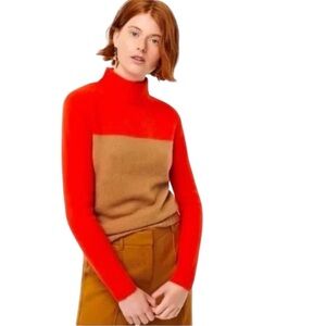 J. Crew Colorblock Mockneck Wool Blend Sweater Orange/Red Tan Small #1740